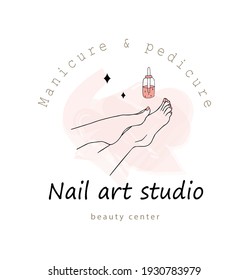 Nail art studio logo template. Pedicure icon. Modern design for beauty center, spa salon, manicure bar. Linear vector illustration with pink watercolor splash.