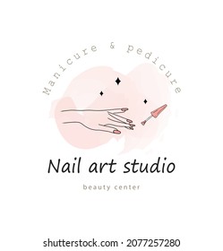 Nail art studio logo template. Modern design for beauty center, spa salon, manicure and pedicure bar. Linear vector illustration with pink watercolor splash.