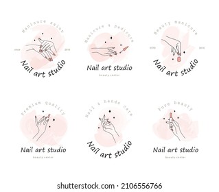 Plantilla de logotipo de Nail art studio. Diseño moderno para el centro de belleza, salón de spa, manicura y bar de pedicura. Ilustración vectorial lineal con salpicadura de color rosa.