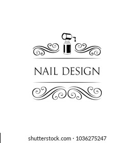 Nail art studio. Template for logo. Nail polish icon. Vector illustration with swirls and ornate frames. Nail design.