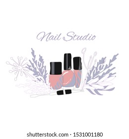 Nail art studio. Template for logo with flowers, nail bar or manicurist concept 