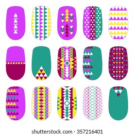 Nail art tribal design templates. Manicure set. Can be used for false tips and stickers. Isolated on white.