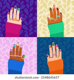 Nail Art for Woman Empowerment. Ring and manicure on diverse women hand. Leaf seamless pattern background. Vector illustration  cartoon style. 