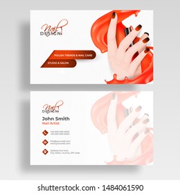 Nail Artist Business Card Or Visiting Card Layout With Woman Hand Holding Nail Polish.