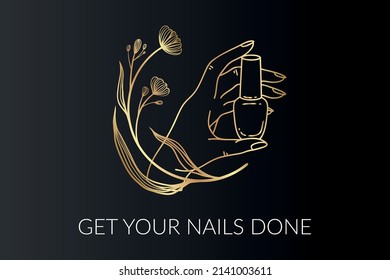 Nail artist logo with nail polish bottle and flowers, golden vector illustration 