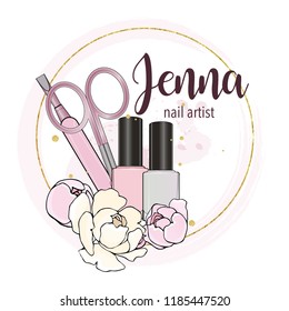 Nail artist logo. Nail polish bottles, nail salon accessories vector set