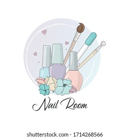 Nail artist logo with nail polish, brush, nail palette and flowers.