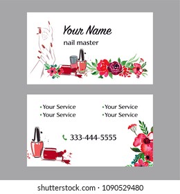 Nail Artist, Nail Salon Business Card With Hand, Manicure Illustration