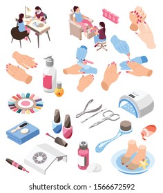 Nail artists their clients and various tools for manicure polish file lamp palette remover 3d isometric icons set isolated vector illustration