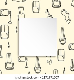 Nail banner with doodle manicure pattern. Hand drawn polish and varnish bottles on 3d paper plate. Stylish nail banner template for cosmetic, fashion and make up sales, ads, special offers and flyers.