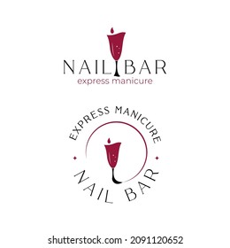 Nail bar Express manicure logo with abstract illustration of nail with brush. Vector logotype. Beauty concept. 2 options. For shop, studio, school. 