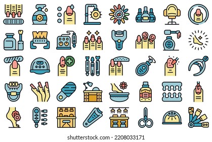 Nail bar icons set outline vector. Spa manicure. Beauty salon thin line color flat on white