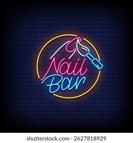 nail bar neon sign with brick wall background vector