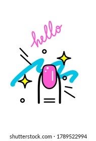 Nail bar poster or artist card. Pop art trendy style. Speech bubble saing hello and glossy pink nail with sparkles.