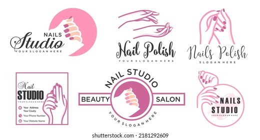 Nail beauty icon set logo design with creative element style for fashion Premium Vector