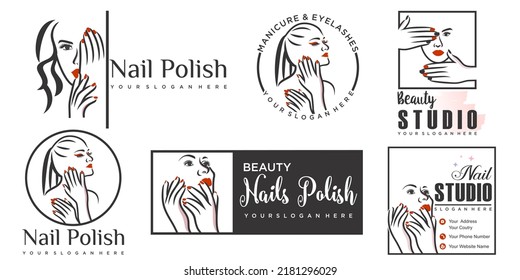 Nail beauty icon set logo design with creative element style for fashion Premium Vector