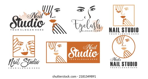 Nail beauty icon set logo design with creative element style for fashion Premium Vector