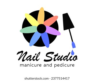 Nail beauty logo design with creative rainbow element style for fashion Premium Vector