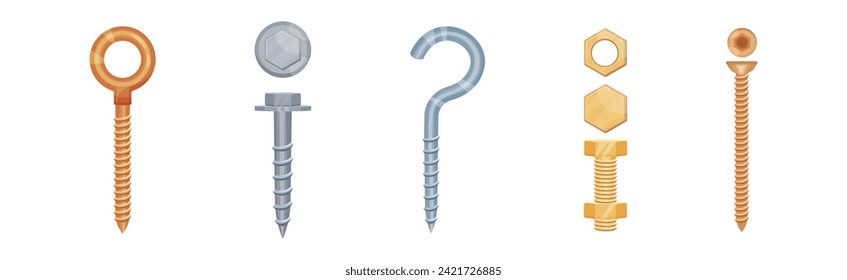 Nail and Bolt of Stainless Steel and Copper Vector Set