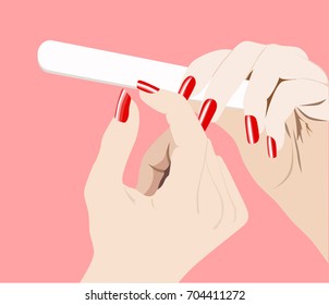 Nail care beauty woman. The girl cares for the hands using nail file. Manicure illustration. Red glossy nails