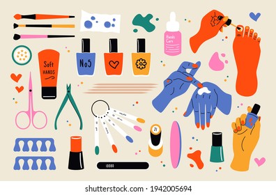 Nail care doodle tools. Cosmetics vector set, beauty salon service, manicure equipment. Cream, brush, female hands