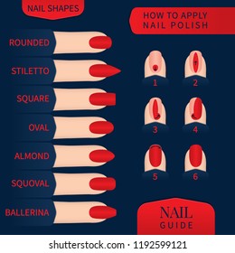 Nail care infographic poster with set of nail shapes and nail polish application technique. Fingernails of different form with red manicure on blue background. Beauty concept. Vector illustration.