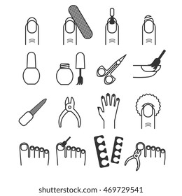 Nail care, manicure and cutter, spa vector icons. Care to hand and foot, tools for pedicure illustration