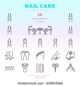 Nail care outline icon set of 20 thin modern and stylish icons. Part 2 of 2. Dark line version. EPS 10. Pixel perfect icons.