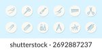 Nail care set icon. Circular line icons showing nail polish, clippers, scissors, cuticle tools, brushes, nail file, fingers, and sparkle effects in grooming-related symbols