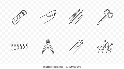 Nail care set icon. Line icons showing clipper, nail, grooming tools, scissors, polish rack, cuticle cutter, shining nail, and styled nails with sparkles
