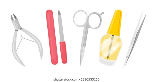 Nail care set vector illustration. Cartoon isolated beauty salon tools for nails of hands and feet, manicure and pedicure collection with file and nail polish, cuticle remover, tweezers, scissors