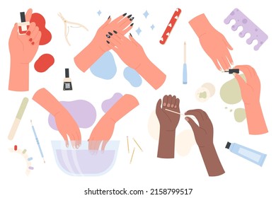 Nail care, spa procedures set vector illustration. Cartoon female hands hands holding tools and nail polish for manicure in beauty salon isolated white. Cosmetics, skincare and hygiene concept