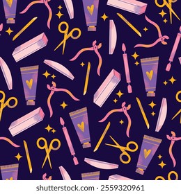 Nail care tools seamless pattern manicure accessories hands with polished nails. Colorful flat illustration of nail scissors, polish bottles, cuticle nippers, files. Nail care and beauty concept