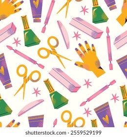 Nail care tools seamless pattern manicure accessories hands with polished nails. Colorful flat illustration of nail scissors, polish bottles, cuticle nippers, files. Nail care and beauty concept