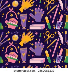 Nail care tools seamless pattern manicure accessories hands with polished nails. Colorful flat illustration of nail scissors, polish bottles, cuticle nippers, files. Nail care and beauty concept