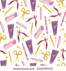 Nail care tools seamless pattern manicure accessories hands with polished nails. Colorful flat illustration of nail scissors, polish bottles, cuticle nippers, files. Nail care and beauty concept