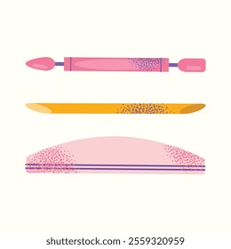 Nail care tools set manicure accessories hands with polished nails. Colorful flat illustration of nail scissors, polish bottles, cuticle nippers, files. Nail care and beauty concept