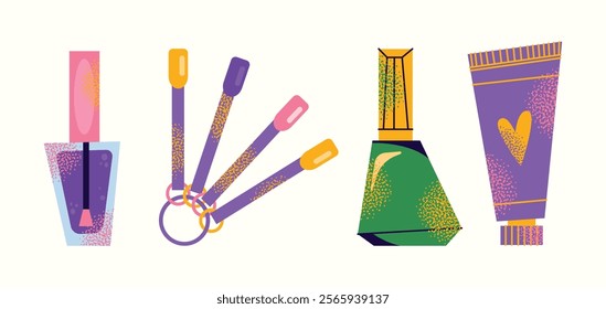 Nail care tools set manicure accessories hands with polished nails. Colorful flat illustration of nail scissors, polish bottles, cuticle nippers, files. Nail care and beauty concept