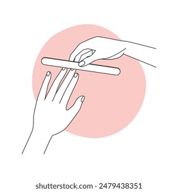 Nail care using file, spa manicure process of girl at home vector illustration