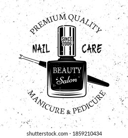 Nail care vector monochrome emblem, label, badge or logo with nail polish isolated on white background