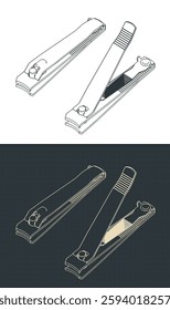 Nail clipper isometric blueprints. Body care tool for manicure and pedicure