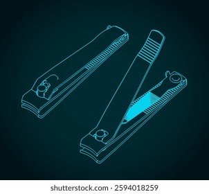 Nail clipper isometric blueprints. Body care tool for manicure and pedicure
