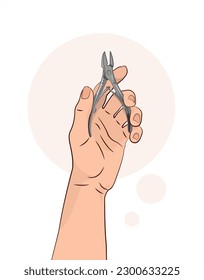 Afilador de uñas. Alfileres de cola en la mano. Accesorio, herramienta para trabajar con las manos. Un clavazo en las manos de una mujer. Productos de cuidado manual, accesorios de manicura. Maestro de manicura. Vector aislado.