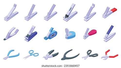 Nail Clippers icons set isometric vector. Cut manicure. Clipper trim