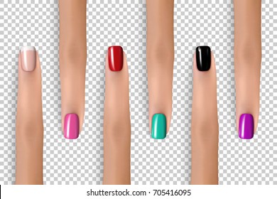 Nail colors pallet. Fingers set. Trendy nail polish colors. Woman fashion concept. Beauty theme illustration for web design or printed products. Realistic vector female fingers.
