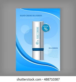 Nail cream sea series. Plastic tube for cosmetics on blue background. Product for body and skin care, beauty, health, freshness, youth, hygiene. Realistic vector illustration.