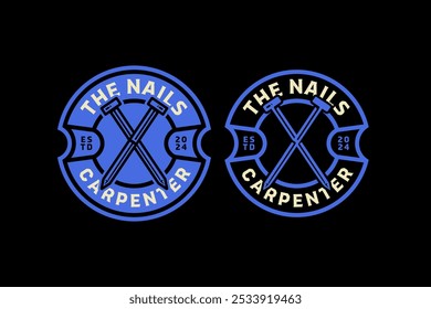 nail crossed, spike crossed retro badge logo design for woodwork, craftsman, handyman. vintage fern, hob crossed emblem logo collection for workshop, construction 