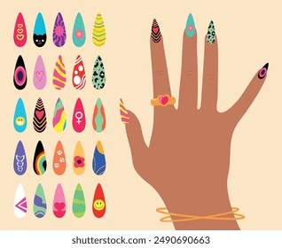 Nail design art. Bright colorful manicure design. Woman hand with fancy colored nails. Vector illustration