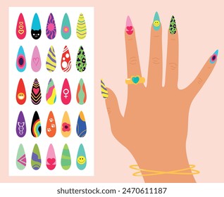 Nail Design Art Set. Helles buntes Maniküre-Design. Frau Hand mit farbigen Nägeln. Vektorillustration