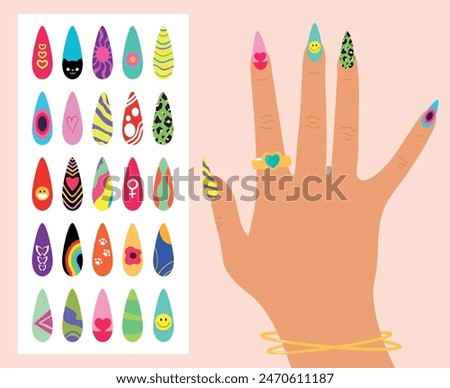 Nail design art set. Bright colorful manicure design. Woman hand with colored nails. Vector illustration
